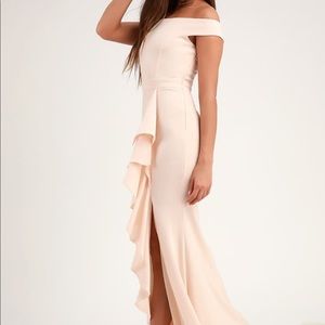 LuLu’s Mika Cream ruffled off the shoulder maxi dress